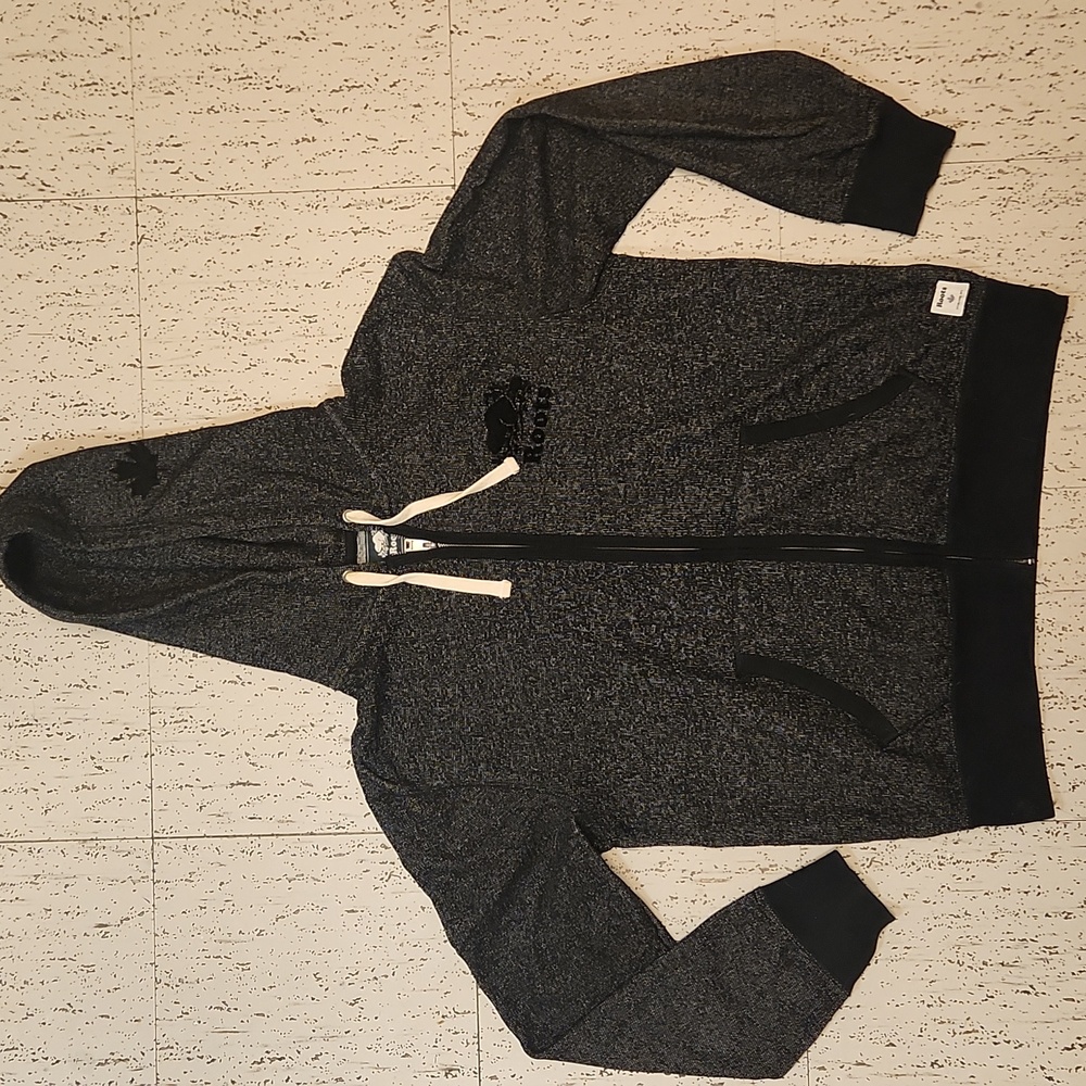 Roots Canada Full Zip Black Salt And Pepper Hoodie Sweater with With Drawstrings